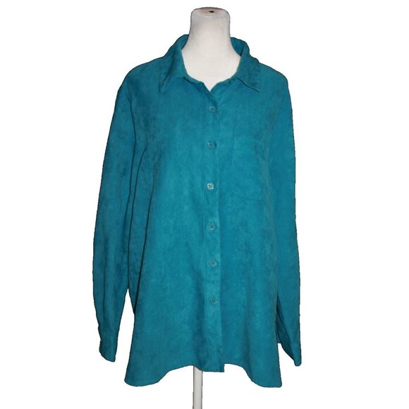DRAPERS & DAMON Women's Size XL Teal Blue Stretch Velvet Button -Up Shirt Blouse - Picture 1 of 2